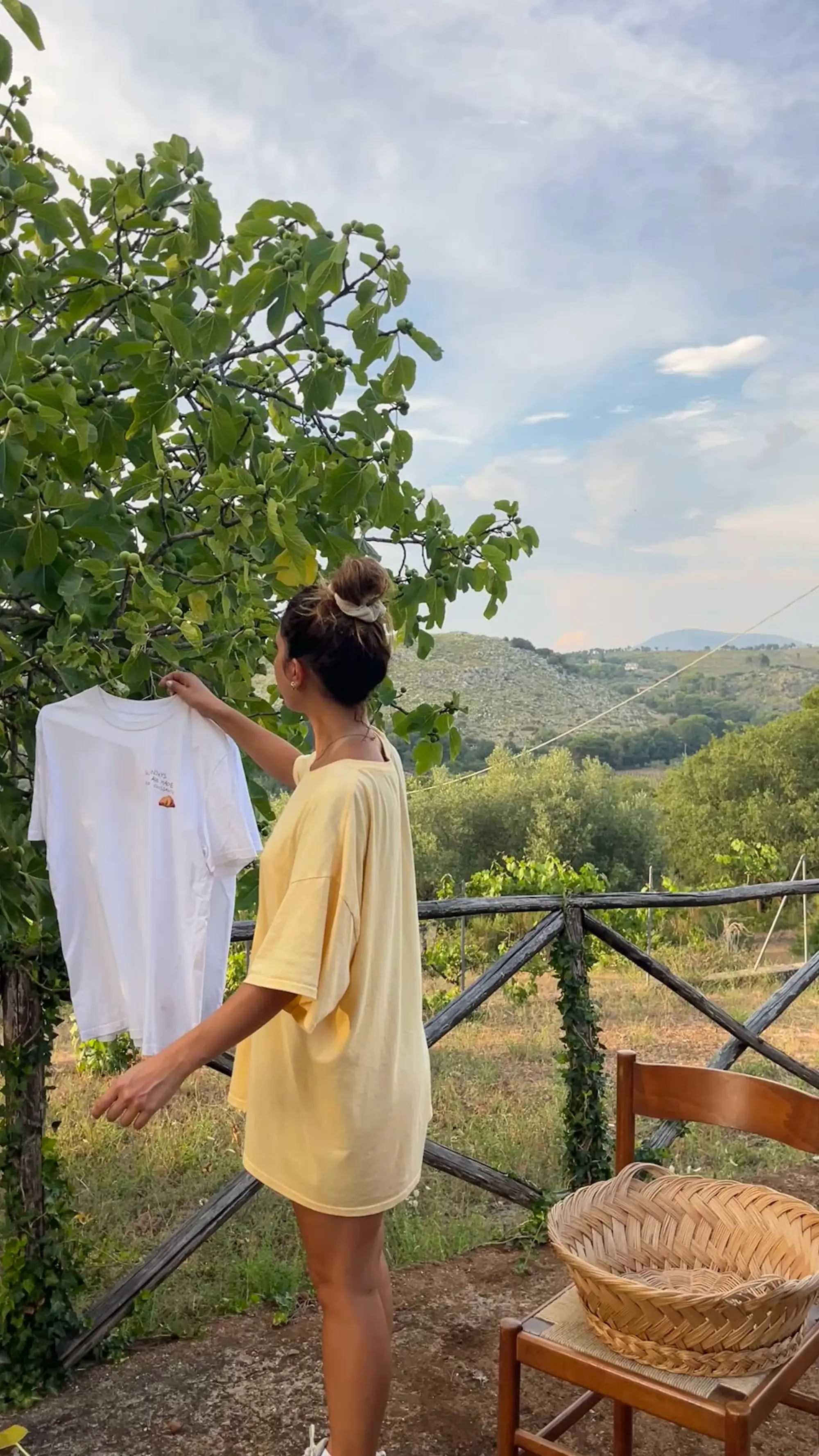 Tre t-shirt Paneelatte appese a un ramo di fico